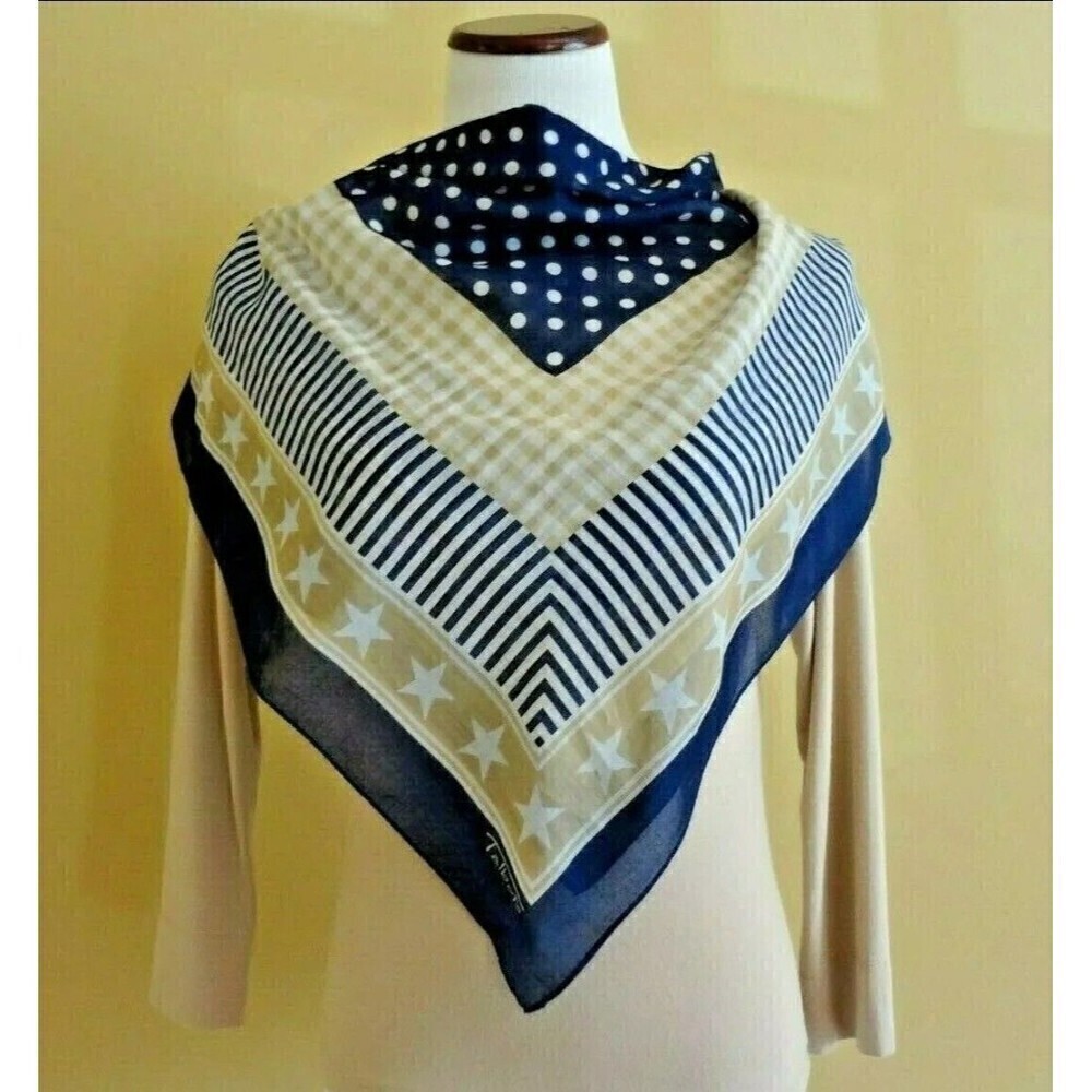 TALBOTS Vintage Lightweight Navy Blue Polka Dot Stripes & Stars Square Scarf 30"